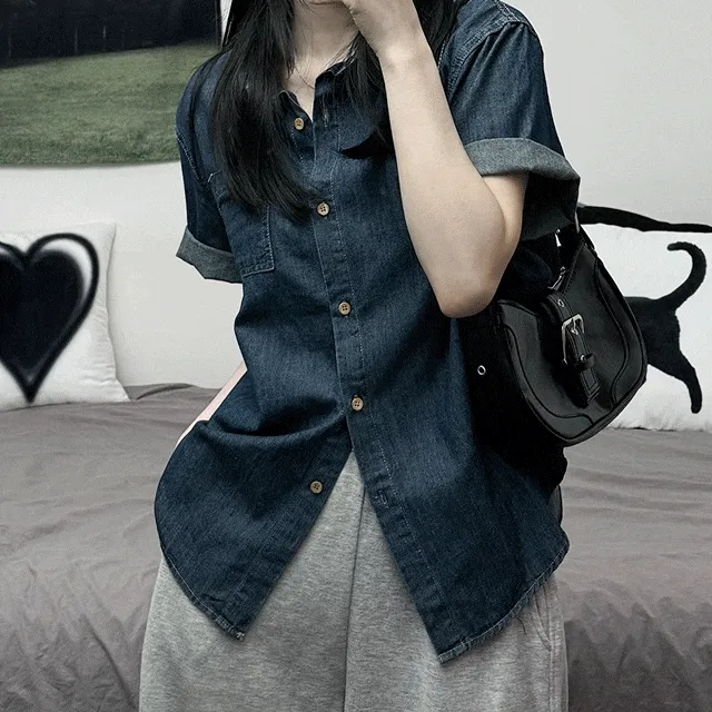 [핏보장!/휴가룩/여름셔츠] Boxy Rollup Denim Short-Sleeved Shirt 박시 롤업 데님 반팔 셔츠