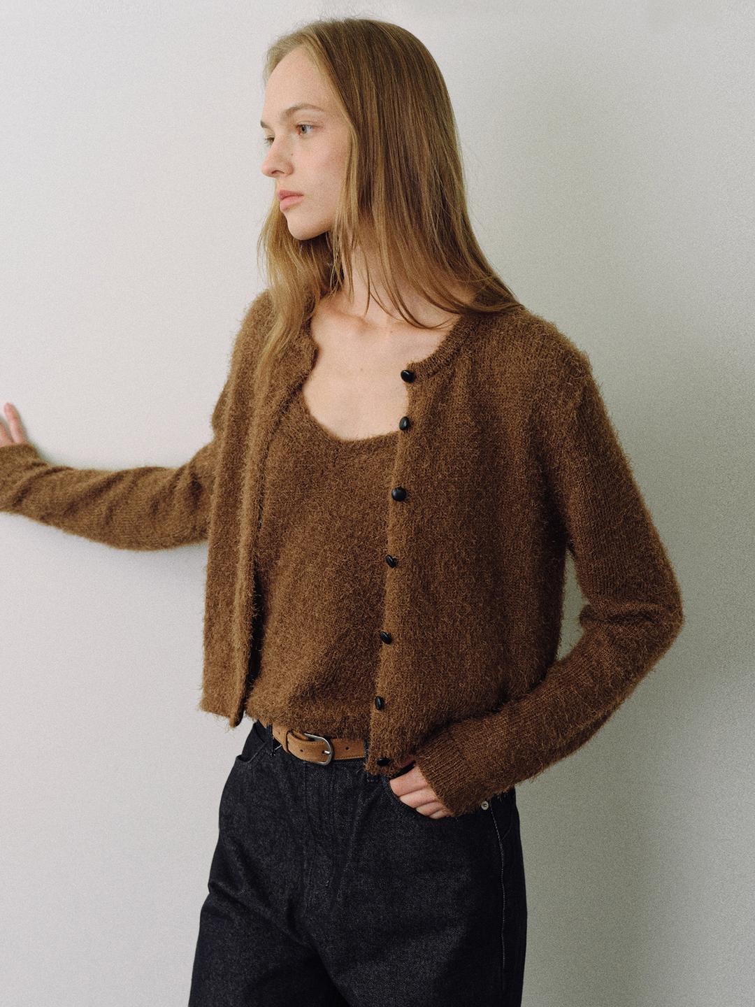 Hairy button knit cardigan_3colors