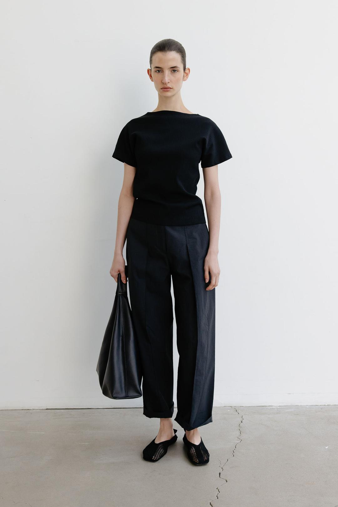 Structured pin-tuck cotton trousers _charcoal