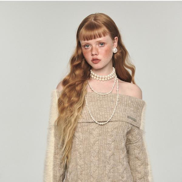 1JINNSTUDIO back fluffy off-shoulder knitwear
