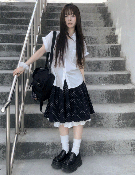 빈블 [러블리/안감O] 셀티카 밴딩 플라워 레이스 펀칭 도트 땡땡이 미디 스커트