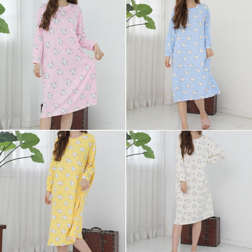 흰둥이 강아지 피치 원단 긴팔 원피스 잠옷 4color 봄 가을 간절기 홈웨어 파자마