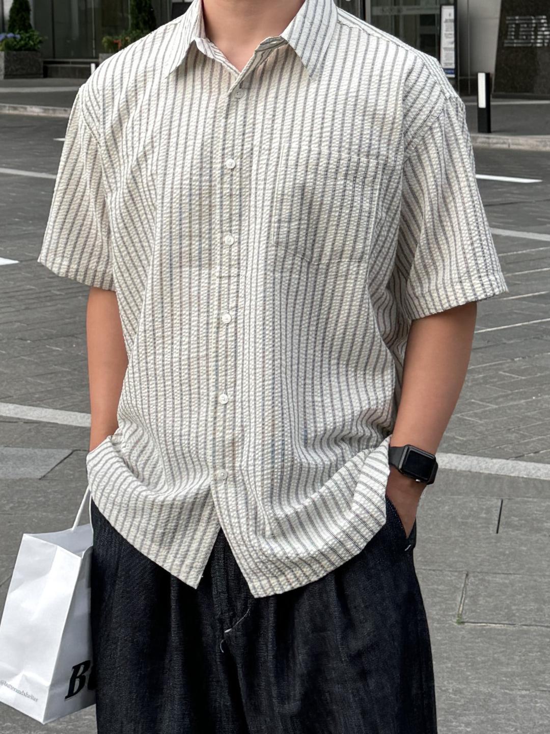 seersucker stripe half shirt (3color)