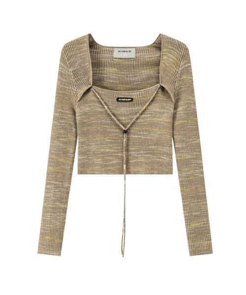 Square Neck Wrap Knit Long Sleeve Top