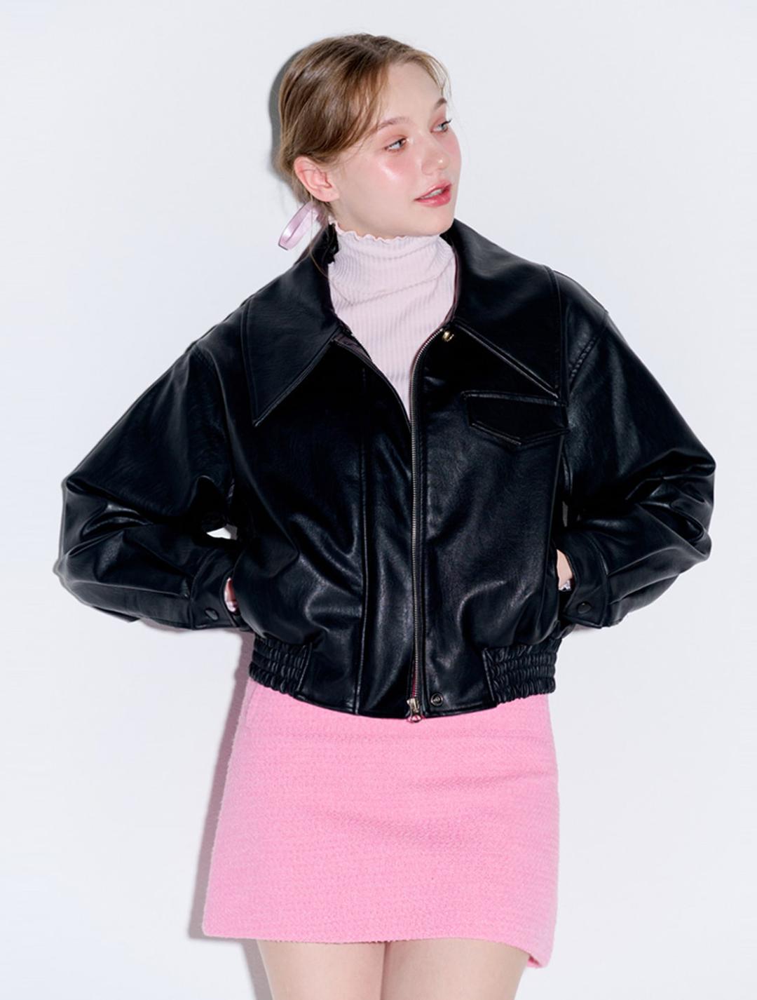 ⏰48시간특가(~2.207)⏰ Big collar eco leather blouson jacket_Black
