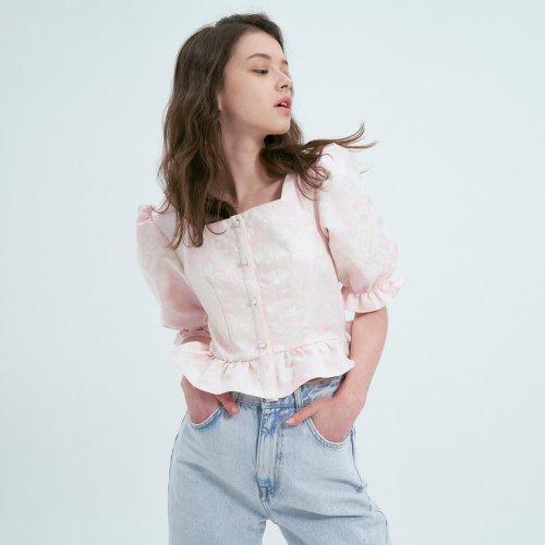 wavy puff square neck blouse flower pink