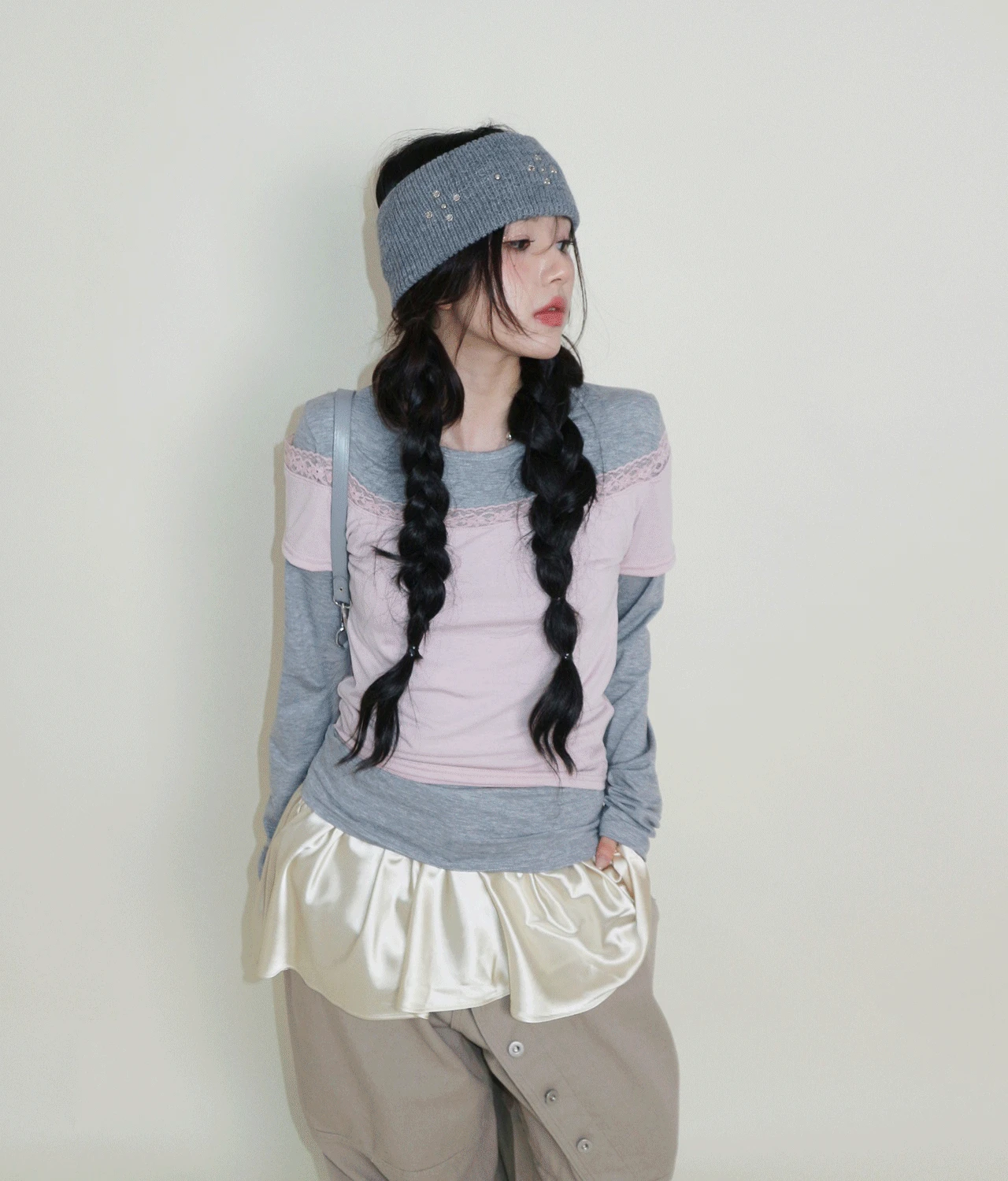 더십 투톤 레이스 레이어드 티셔츠