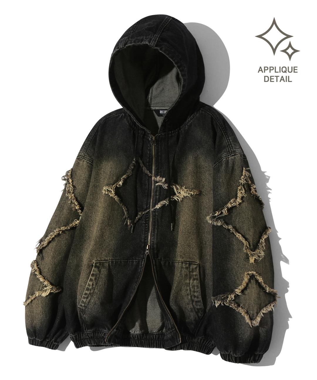 스타 아플리케 데미지 워싱 데님 자켓 (YELLOW BLACK)