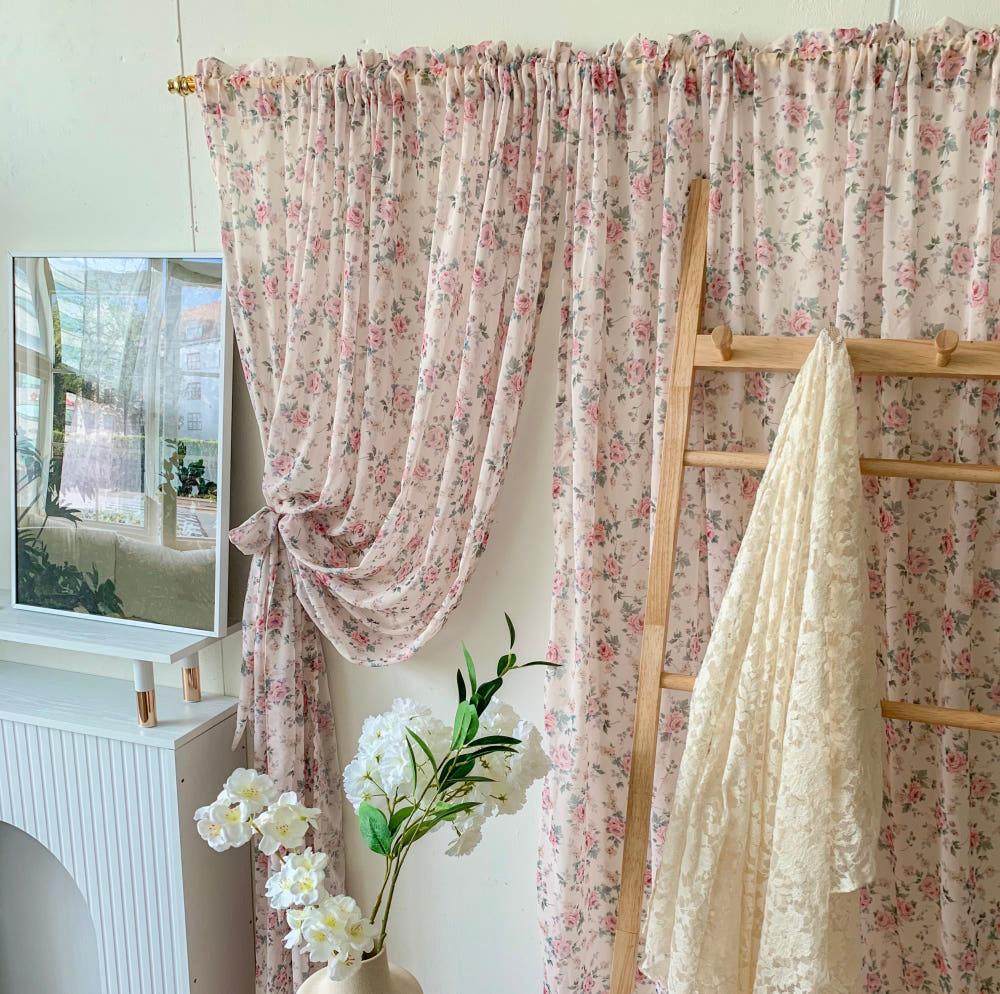 rosy flower curtain 로지 플라워 빈티지 커튼 레트로 꽃무늬