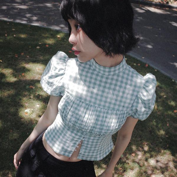 DEER Retro small plaid high collar waist puff sleeve short shirt
