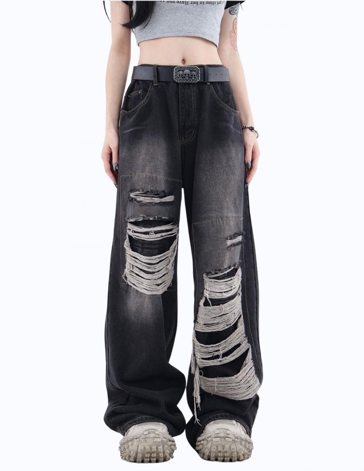 스트리트 립트 패치 데님 팬츠