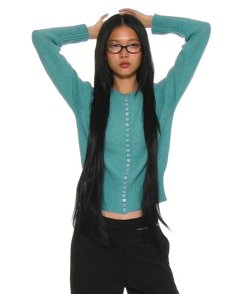 와이드 리브 버튼업 니트 가디건_에메랄드
