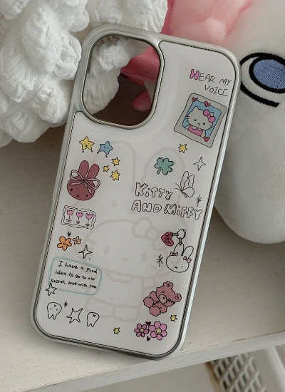 *아이폰&갤럭시* 실버프레임 연핑크 드로잉 토끼고양이 에폭시폰케이스