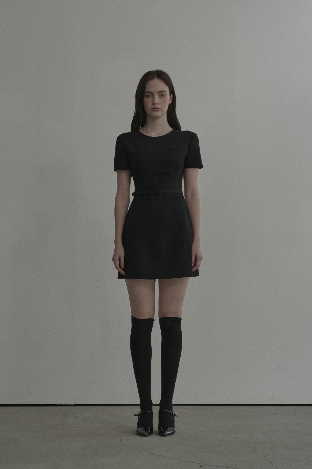 [3월 17일 예약발송] Belted Round Neck Suit Dress-Black