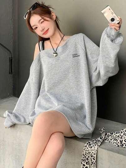 FRIFUL Women Spring And Autumn Casual Asymmetric Collar Letter Printed T-Shirt
