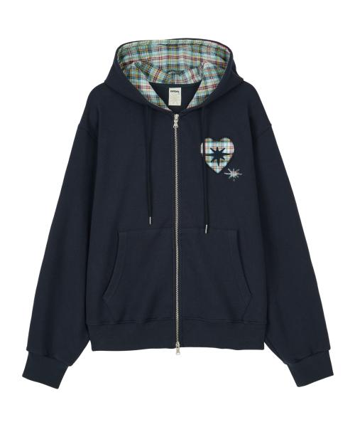 DD heart check lining hoodie zip-up (NAVY)