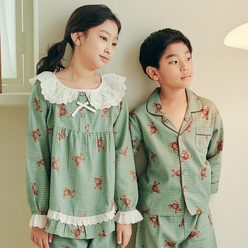 아동잠옷 루나루즈 첵스베어 민트 체크 여아 파자마 세트 남아 홈웨어 초등 키즈 남매룩
