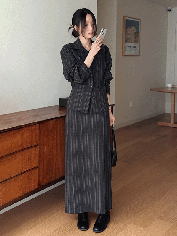 [하객룩/세트선택가능] made. 애쉬무드 스트라이프 셔츠 & 스커트 투피스