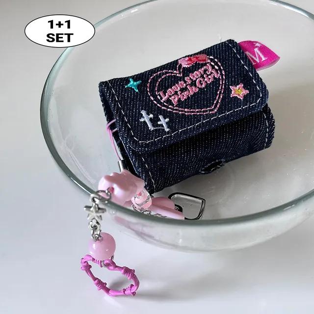 [당일출고] 핑크 하트 자수 데님 Y2K 키링세트 지갑 에어팟케이스