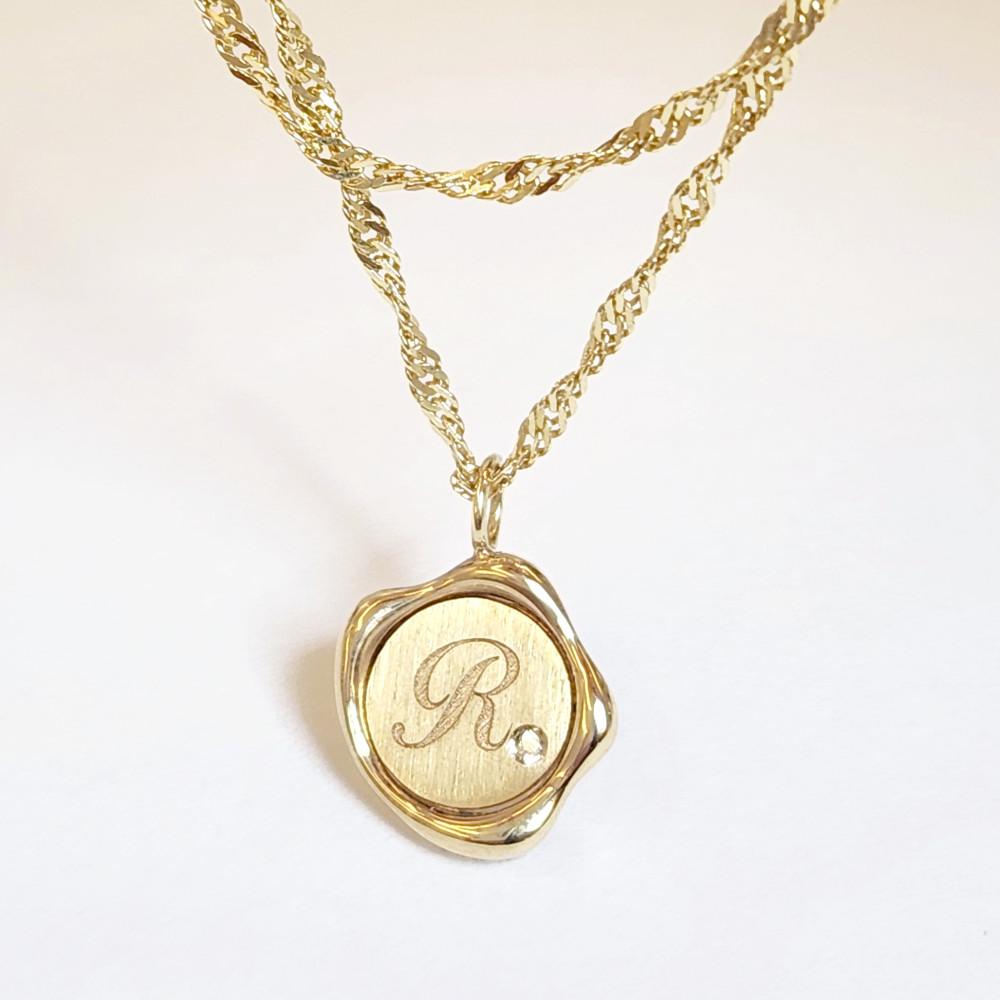 오에르 ORER 14K 18K 모브 이니셜 코인 펜던트 - 꼬냑 다이아 레이어드 금 메달 여성 목걸이 - 위시버킷