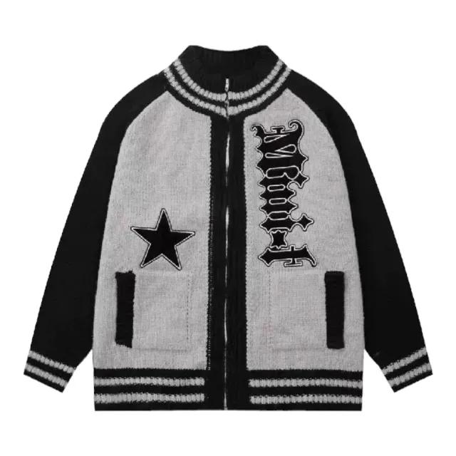 스타 레터링 배색 야구 니트 집업자켓