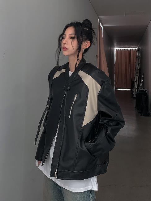 (UNISEX) 피스 배색 레이서 자켓