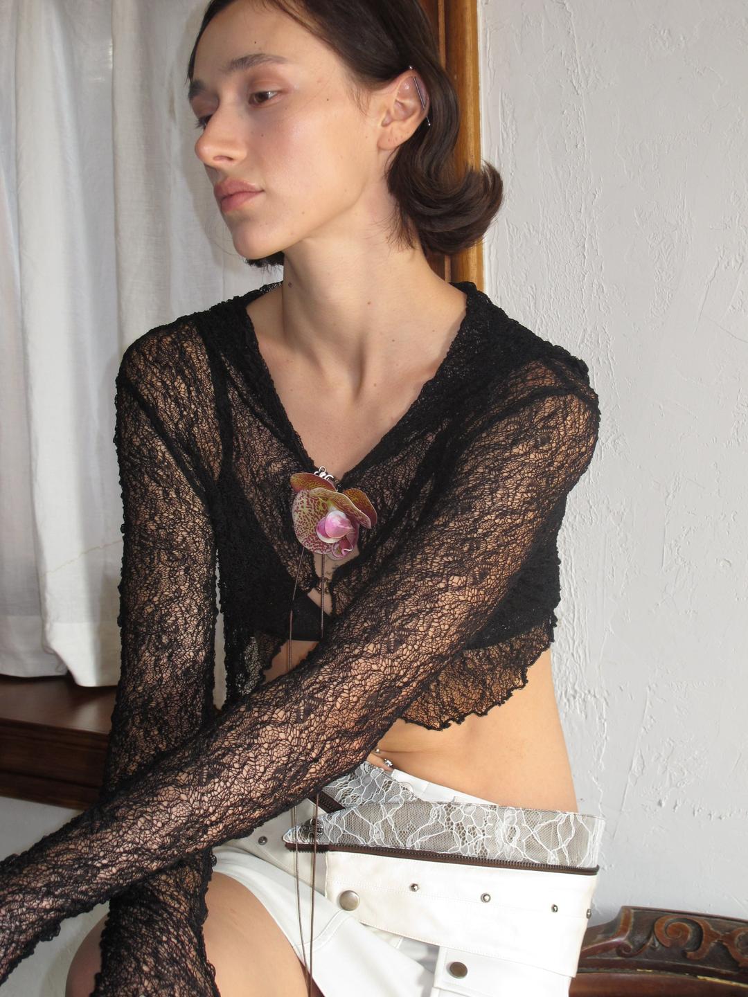 Lace Hollow Out Hole Knitted hooded cardigan