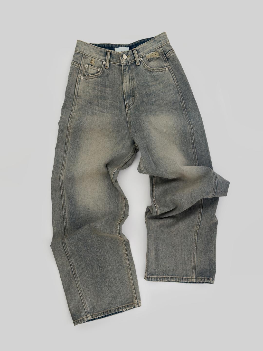 빈티지 샌드&데미지 워싱 와이드 데님 팬츠