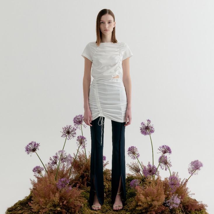 SHIRRING CUT OUT HALF SLEEVE DRESS TOP - WHITE