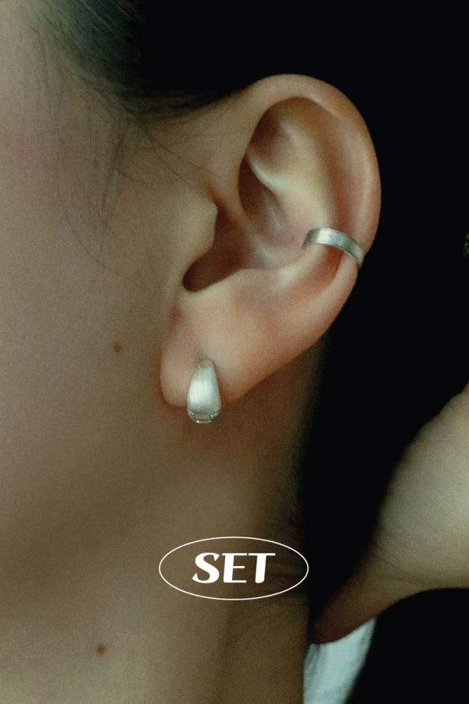 [SET] 925silver 빈티지 플랫 스크래치 이어커프 귀찌 (1ea) & 샌딩 미니 스지 물방울 원터치 귀걸이 (2ea) 세트