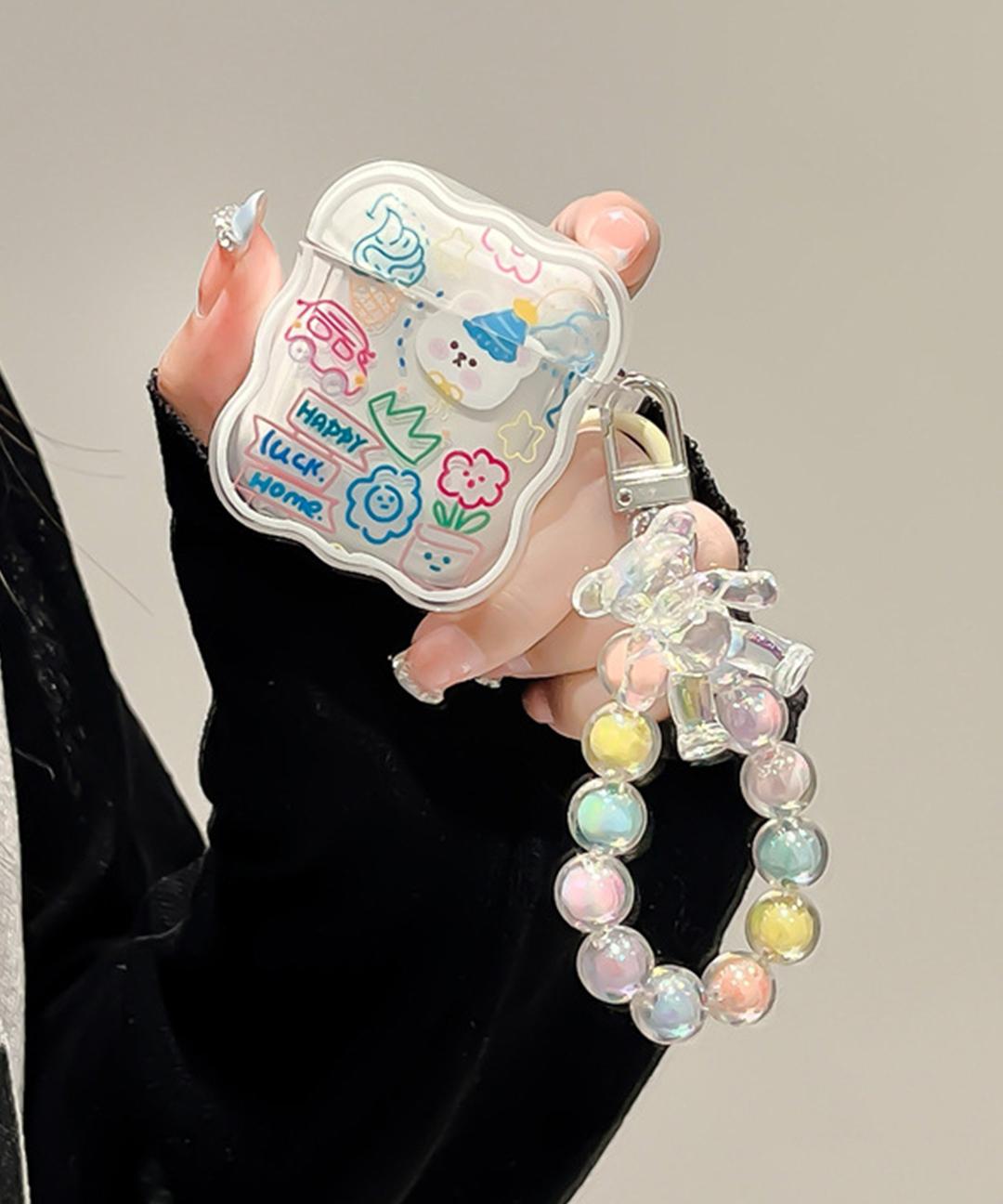 에어팟 곰돌이 낙서 물결 테두리 투명 구슬 베어 키링 젤리 실리콘 특이한 유니크 키치 하이틴 귀여운 심플 커플 우정 이어폰 애플 케이스 에어팟케이스 1세대 2세대 프로 3세대