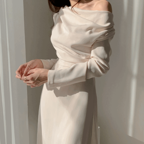 [2color]정장 하객룩 셀프웨딩 돌잔치 피로연 연말파티룩 브라이덜샤워 오프숄더 넥라인 우아한 롱원피스