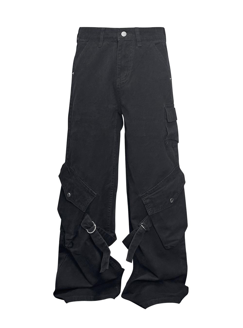 Black Strap Detail Loose Work Pants