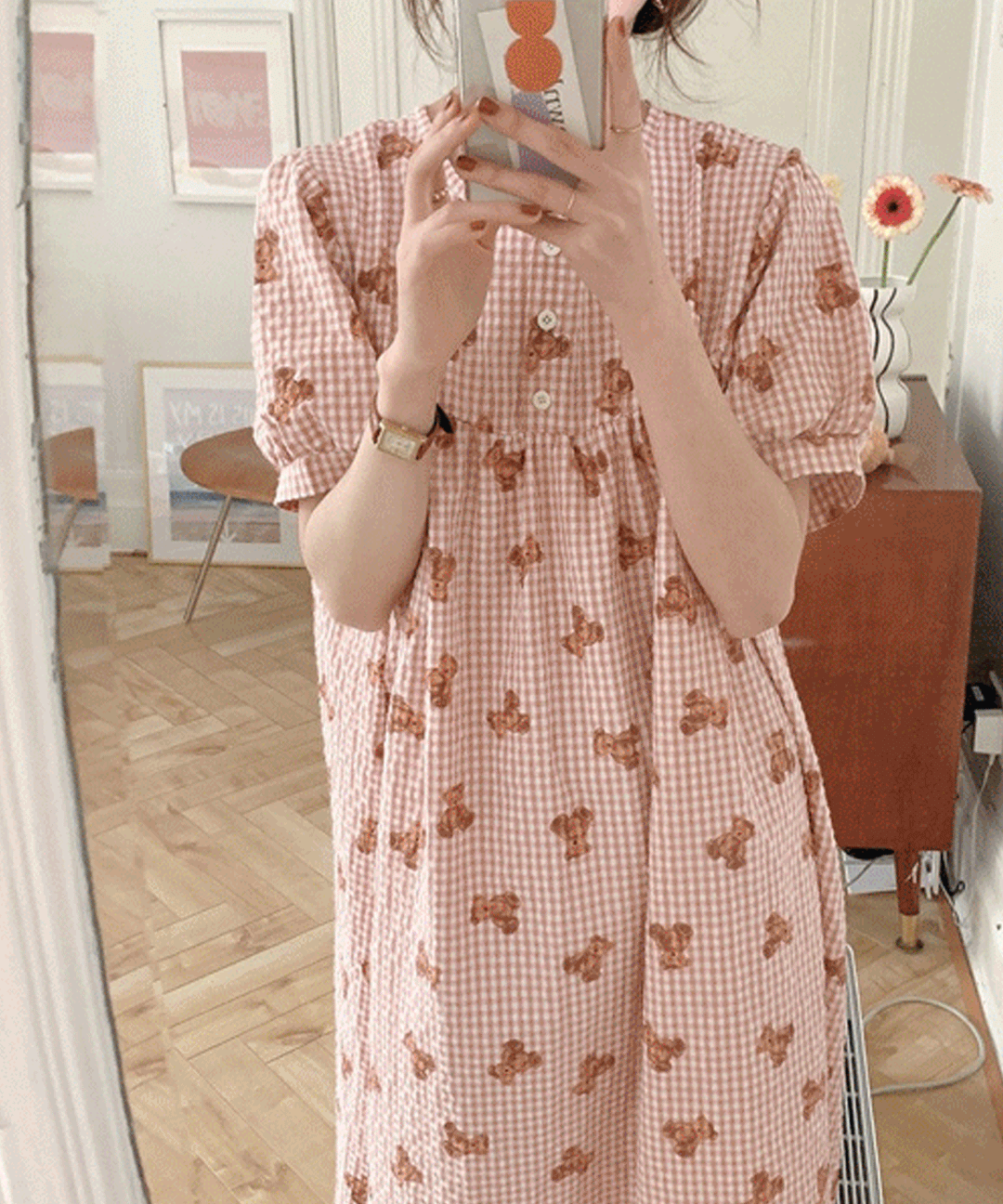 (4color) 체크 베어 원피스 파자마 반팔 여름 잠옷 빅사이즈 홈웨어 임부복 가능