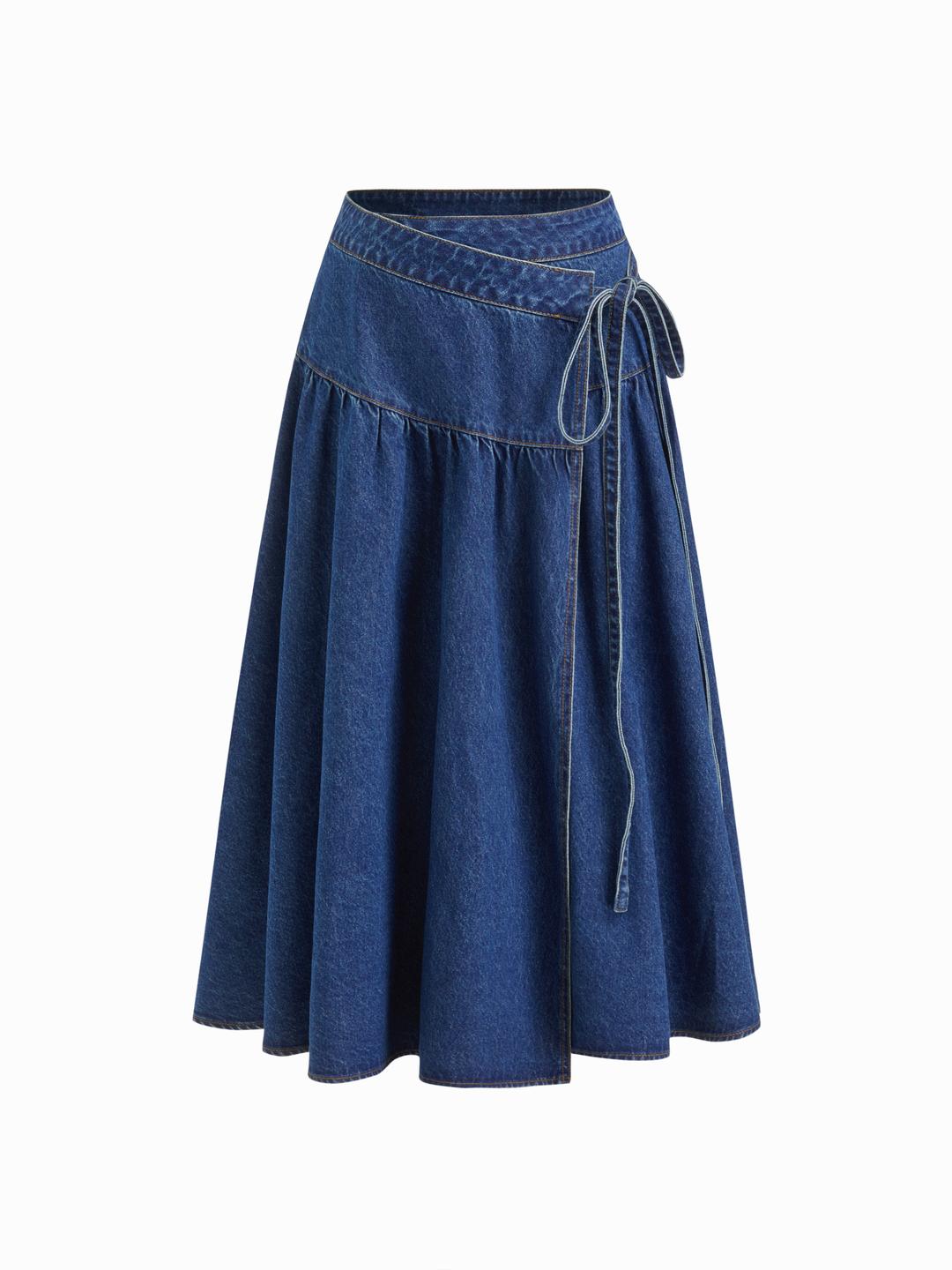 Cider Denim Mid Rise Wrap Tie Side Maxi Skirt