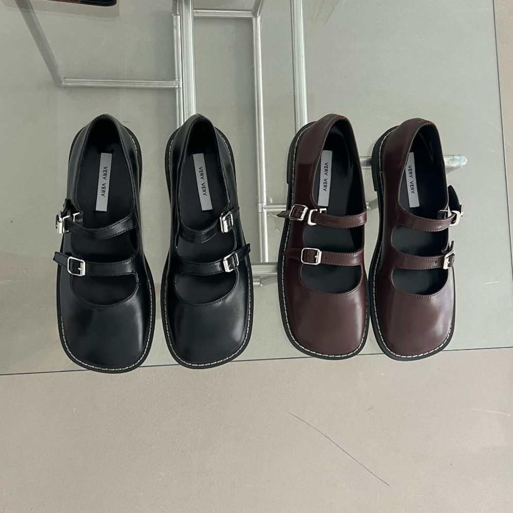 더블 스트랩 스퀘어 메리제인 플랫 로퍼 (브라운 블랙)