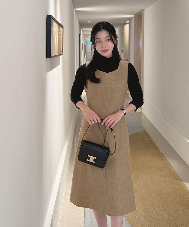 악녀일기 [레이어드원피스/허리조절OK] 뮤이 모직 뷔스티에 원피스(허리조절가능)