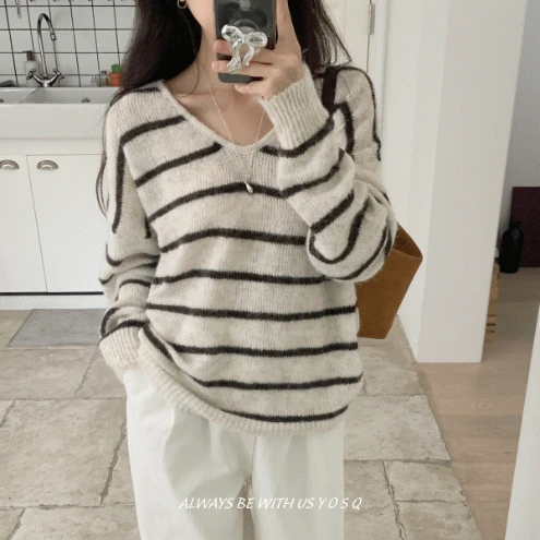 크로와상 모헤어 울 스트라이프 단가라 브이넥 루즈핏 니트 / 가을 앙고라 오버핏 V넥