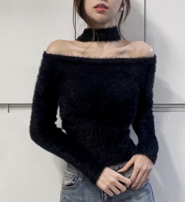 초커 앙고라 크롭 니트