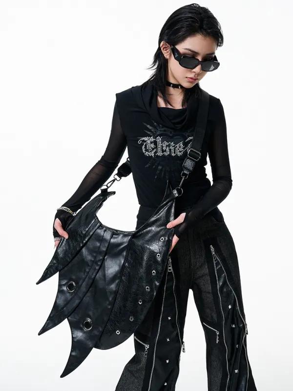 [$67.25]Black Punk Armor Design Large Capacity PU Crossbody