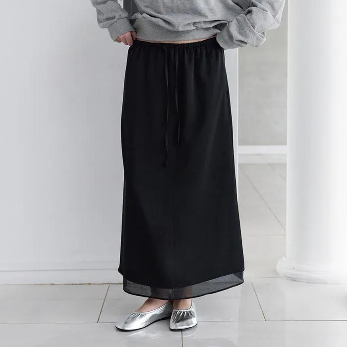 Layered Satin Banded Long Skirt (Black)