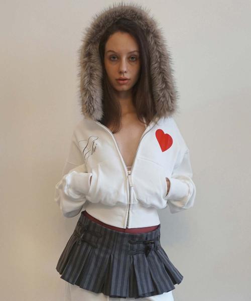Faux Fur Trimming Hooded Zip-Up White