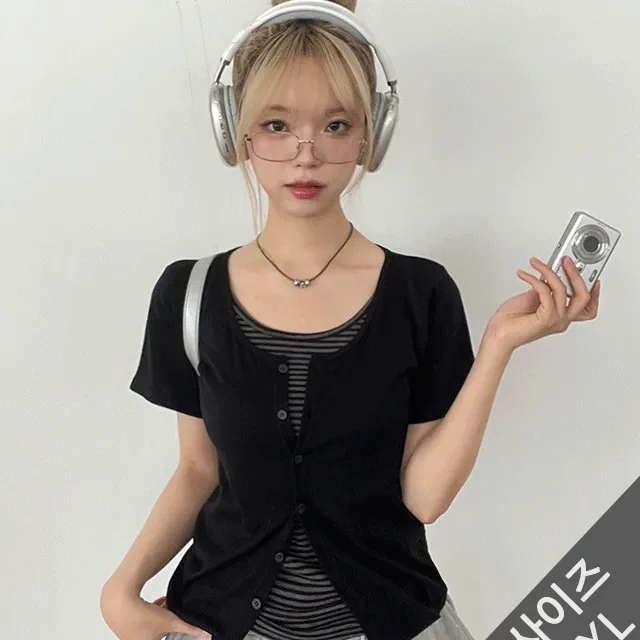 일체형 레이어드 단가라 라운드 가디건 반팔티 [빅사이즈/통통제작]