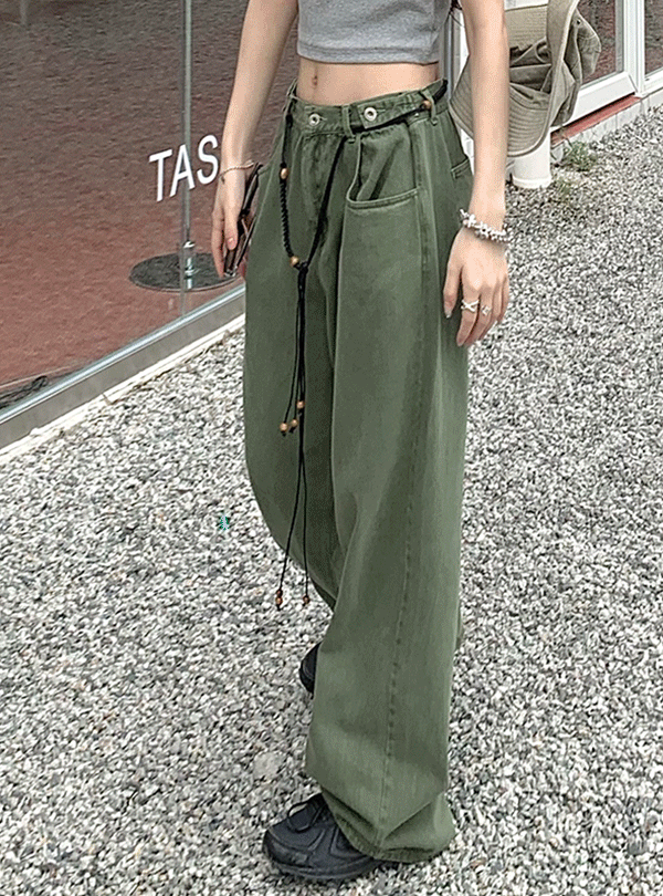 휴벨 와이드 카키 팬츠