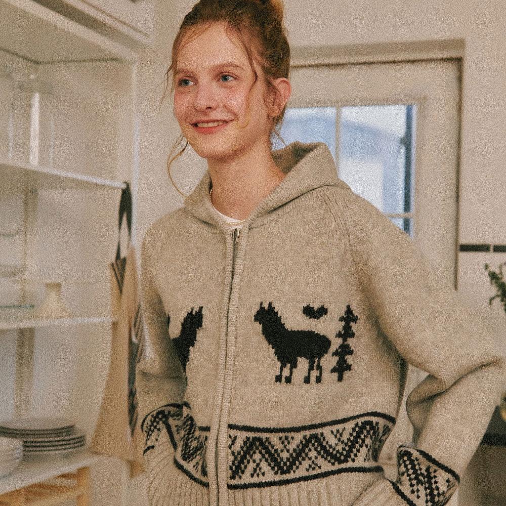 [12/15 순차배송] ALPACA JACQUARD HOOD ZIP-UP KNIT GREY