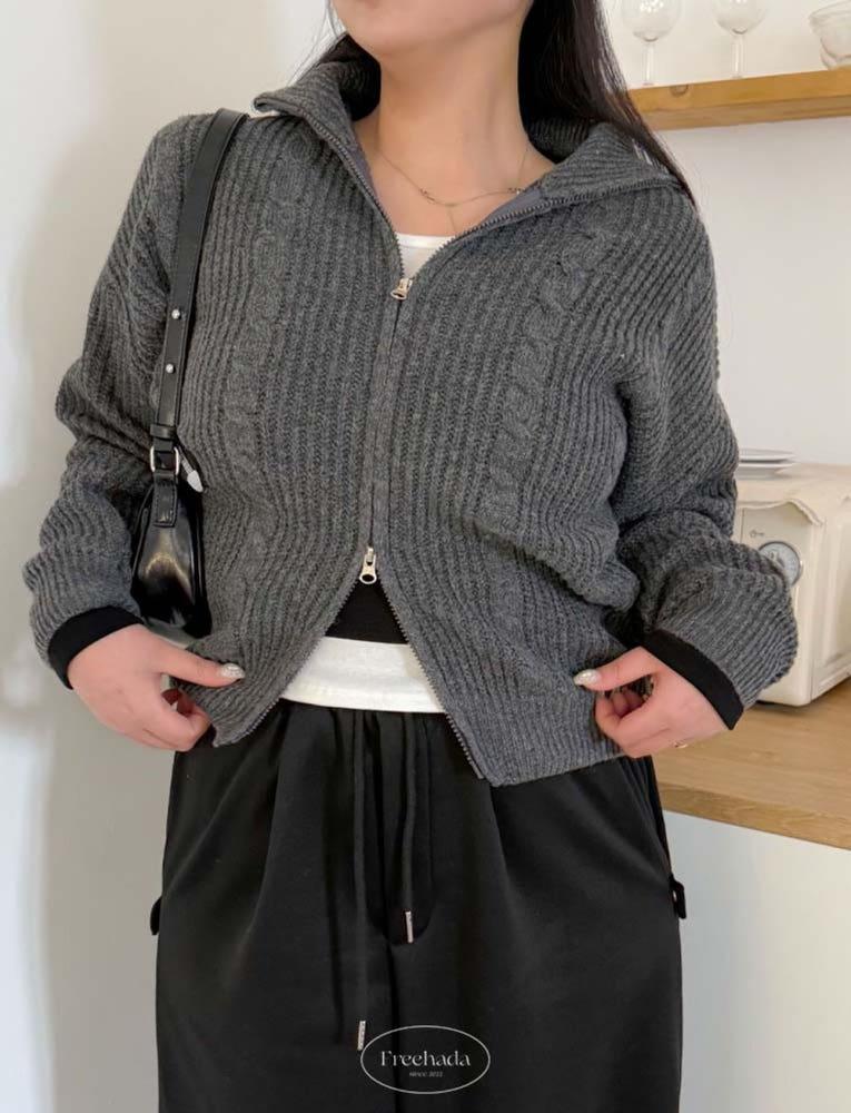 로티 루즈핏 니트 투웨이 카라 집업 슬림핏 빅사이즈 개강룩 스트라이트 꽈배기 봄가디건