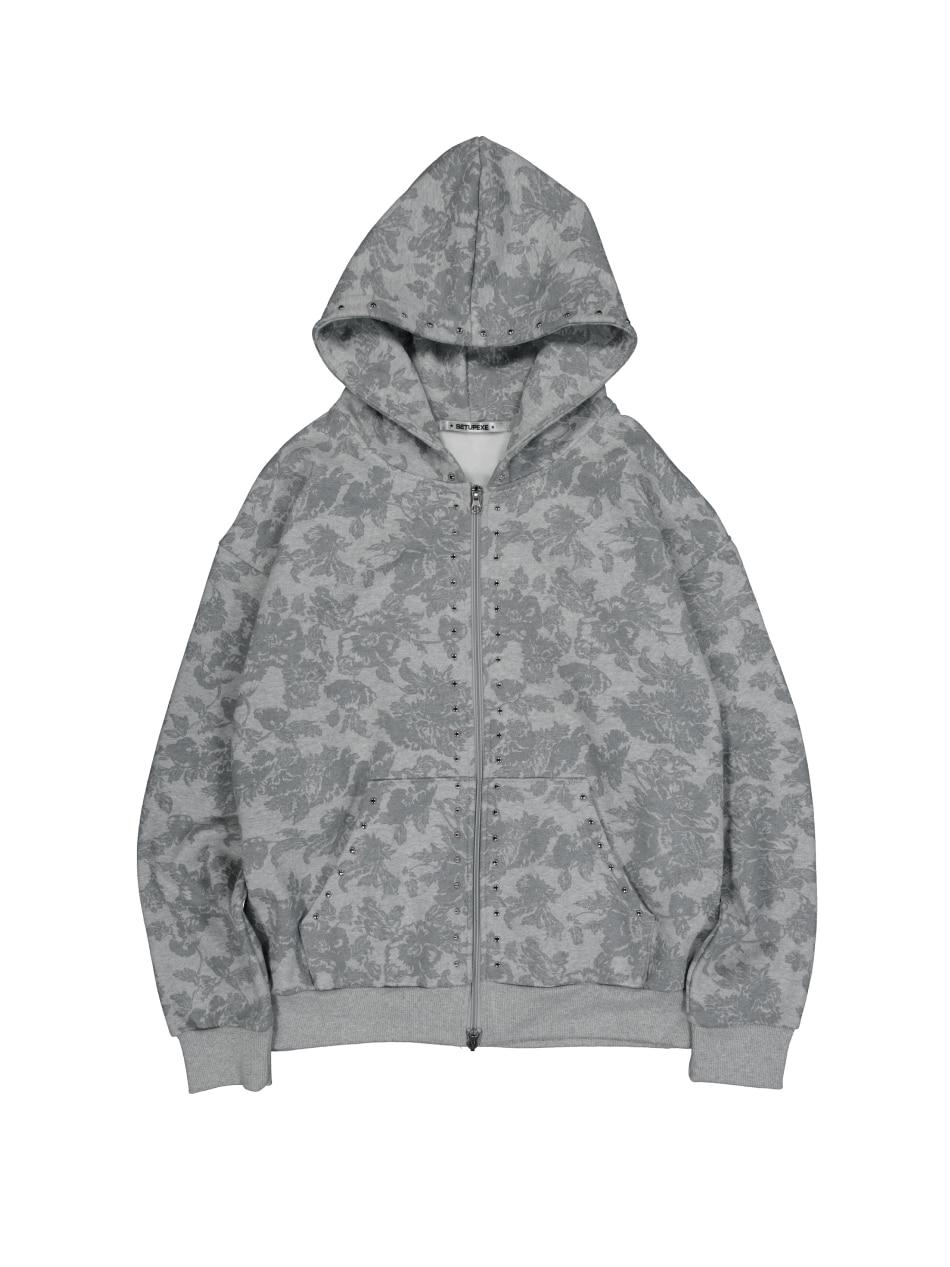 FLOWER STUDDED HOODIE ZIP-UP / MELANGE GRAY
