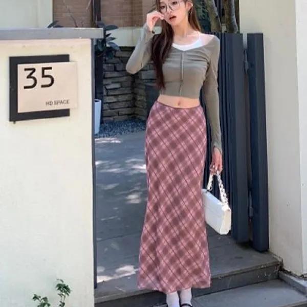 클래식 체크 망사 메쉬 샤 밴딩 슬림핏 타이트 가을 맥시 롱 스커트 44사이즈 부터