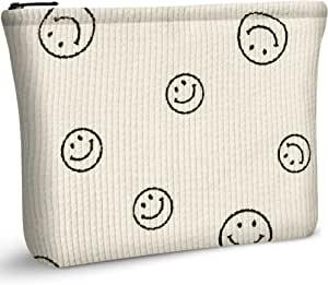 Smile Print Makeup Bag for Women,Corduroy Travel Cosmetic Bag,Toiletry Bag Makeup Pouch Organiser Gift for Women Girl (Smile Everyday)