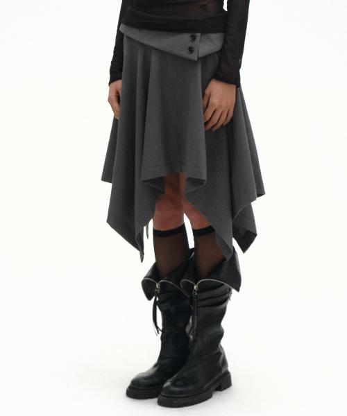 더블 버튼 드레이프 레이어드 미디 언발란스 플레어 스커트 _2COLOR